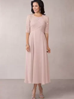 Bridal Mother Dress Flesh Color Jewel Neck Half Sleeves A-Line Lace Pleated Floor-Length Wedding Guest Dresses