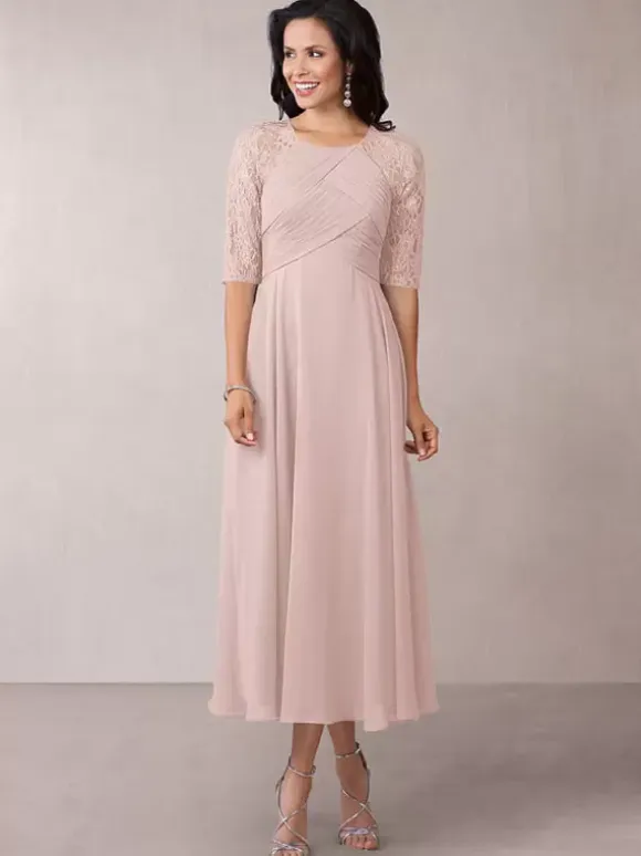 Bridal Mother Dress Flesh Color Jewel Neck Half Sleeves A-Line Lace Pleated Floor-Length Wedding Guest Dresses