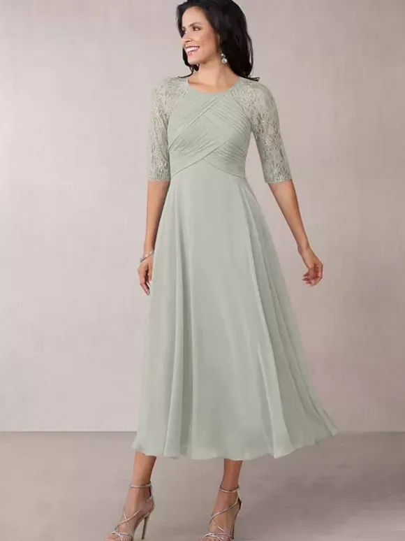 Bridal Mother Dress Flesh Color Jewel Neck Half Sleeves A-Line Lace Pleated Floor-Length Wedding Guest Dresses