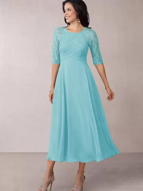Bridal Mother Dress Flesh Color Jewel Neck Half Sleeves A-Line Lace Pleated Floor-Length Wedding Guest Dresses