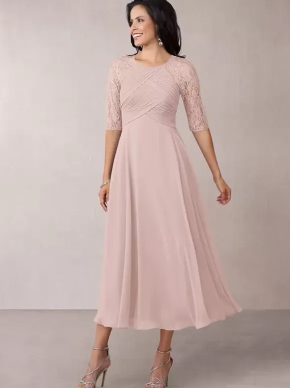Bridal Mother Dress Flesh Color Jewel Neck Half Sleeves A-Line Lace Pleated Floor-Length Wedding Guest Dresses