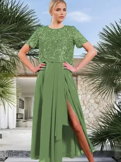 Bridal Mother Dress Jewel Neck Short Sleeves A-Line Split Front Guest Dresses For Wedding