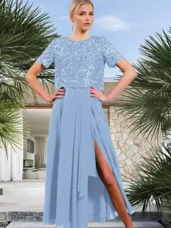 Bridal Mother Dress Jewel Neck Short Sleeves A-Line Split Front Guest Dresses For Wedding