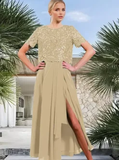 Bridal Mother Dress Jewel Neck Short Sleeves A-Line Split Front Guest Dresses For Wedding