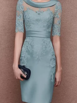Bridal Mother Dress Jewel Neck Half Sleeves Lace Tea-Length Sheath Guest Dresses For Wedding Free Customization
