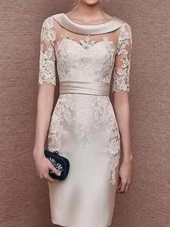 Bridal Mother Dress Jewel Neck Half Sleeves Lace Tea-Length Sheath Guest Dresses For Wedding Free Customization