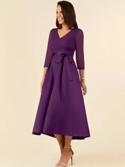 Bridal Mother Dress V-Neck Half Sleeves A-Line Sash Tea-Length Wedding Guest Dresses