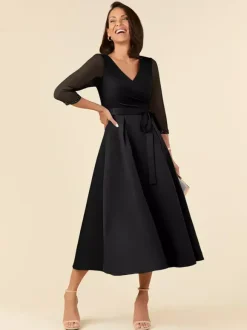 Bridal Mother Dress V-Neck Half Sleeves A-Line Sash Tea-Length Wedding Guest Dresses