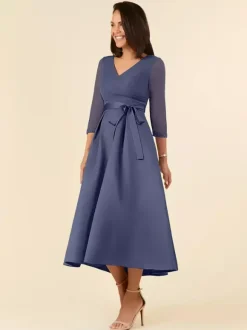 Bridal Mother Dress V-Neck Half Sleeves A-Line Sash Tea-Length Wedding Guest Dresses