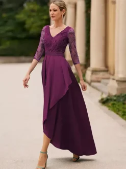 Bridal Mother Dress V-Neck 3/4 Length Sleeves A-Line Lace Ankle-Length Wedding Guest Dresses