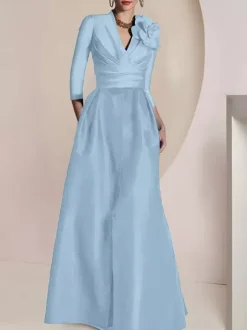 Bridal Mother Dress V-Neck 3/4 Length Sleeves A-Line Pleated Floor-Length Guest Dresses For Wedding