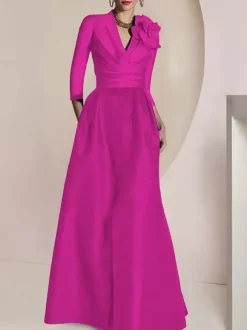 Bridal Mother Dress V-Neck 3/4 Length Sleeves A-Line Pleated Floor-Length Guest Dresses For Wedding
