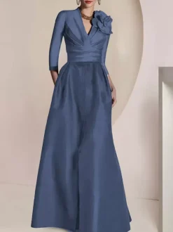 Bridal Mother Dress V-Neck 3/4 Length Sleeves A-Line Pleated Floor-Length Guest Dresses For Wedding