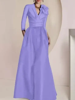 Bridal Mother Dress V-Neck 3/4 Length Sleeves A-Line Pleated Floor-Length Guest Dresses For Wedding