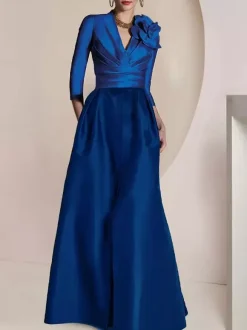 Bridal Mother Dress V-Neck 3/4 Length Sleeves A-Line Pleated Floor-Length Guest Dresses For Wedding