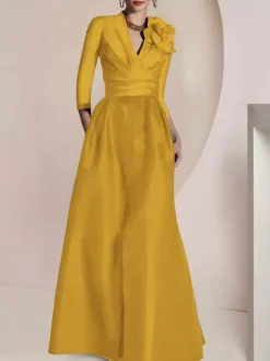 Bridal Mother Dress V-Neck 3/4 Length Sleeves A-Line Pleated Floor-Length Guest Dresses For Wedding