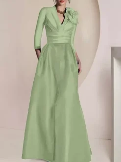 Bridal Mother Dress V-Neck 3/4 Length Sleeves A-Line Pleated Floor-Length Guest Dresses For Wedding
