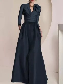 Bridal Mother Dress V-Neck 3/4 Length Sleeves A-Line Pleated Floor-Length Guest Dresses For Wedding