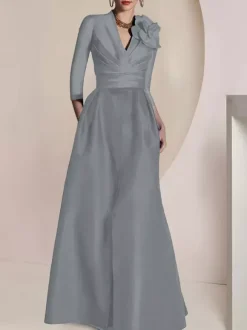 Bridal Mother Dress V-Neck 3/4 Length Sleeves A-Line Pleated Floor-Length Guest Dresses For Wedding
