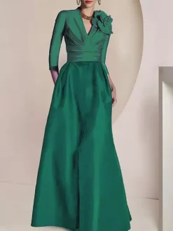 Bridal Mother Dress V-Neck 3/4 Length Sleeves A-Line Pleated Floor-Length Guest Dresses For Wedding