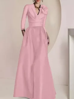Bridal Mother Dress V-Neck 3/4 Length Sleeves A-Line Pleated Floor-Length Guest Dresses For Wedding