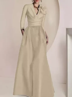 Bridal Mother Dress V-Neck 3/4 Length Sleeves A-Line Pleated Floor-Length Guest Dresses For Wedding