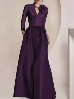 Bridal Mother Dress V-Neck 3/4 Length Sleeves A-Line Pleated Floor-Length Guest Dresses For Wedding