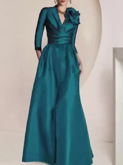 Bridal Mother Dress V-Neck 3/4 Length Sleeves A-Line Pleated Floor-Length Guest Dresses For Wedding