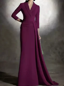 Bridal Mother Dress V-Neck 3/4 Length Sleeves Mermaid Pleated Floor-Length Guest Dresses For Wedding