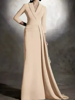 Bridal Mother Dress V-Neck 3/4 Length Sleeves Mermaid Pleated Floor-Length Guest Dresses For Wedding