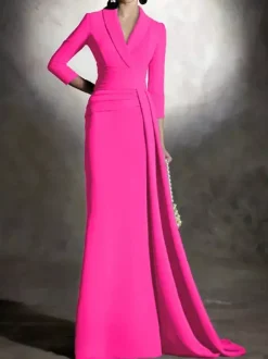 Bridal Mother Dress V-Neck 3/4 Length Sleeves Mermaid Pleated Floor-Length Guest Dresses For Wedding