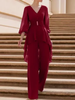 Bridal Mother Dress V-Neck Half Sleeves Jumpsuit Ruffles Floor-Length Guest Dresses For Wedding