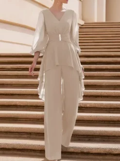 Bridal Mother Dress V-Neck Half Sleeves Jumpsuit Ruffles Floor-Length Guest Dresses For Wedding