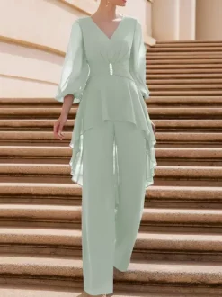 Bridal Mother Dress V-Neck Half Sleeves Jumpsuit Ruffles Floor-Length Guest Dresses For Wedding