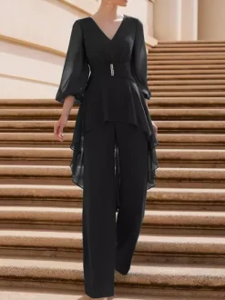 Bridal Mother Dress V-Neck Half Sleeves Jumpsuit Ruffles Floor-Length Guest Dresses For Wedding