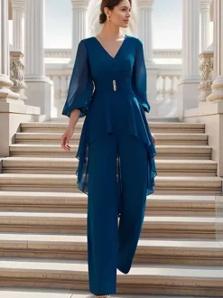 Bridal Mother Dress V-Neck Half Sleeves Jumpsuit Ruffles Floor-Length Guest Dresses For Wedding