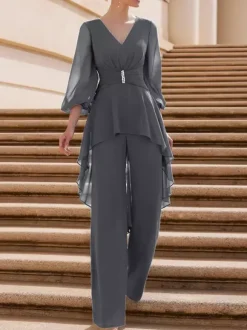 Bridal Mother Dress V-Neck Half Sleeves Jumpsuit Ruffles Floor-Length Guest Dresses For Wedding