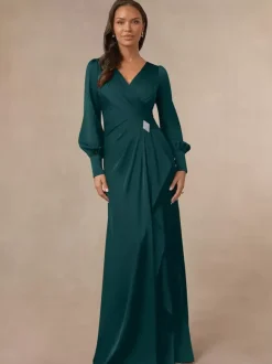 Bridal Mother Dress V-Neck Long Sleeves Mermaid Pleated Guest Dresses For Wedding