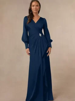 Bridal Mother Dress V-Neck Long Sleeves Mermaid Pleated Guest Dresses For Wedding