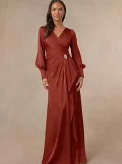 Bridal Mother Dress V-Neck Long Sleeves Mermaid Pleated Guest Dresses For Wedding
