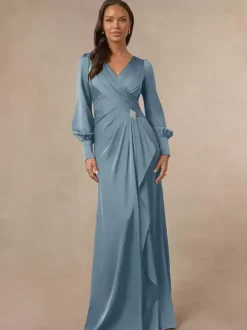 Bridal Mother Dress V-Neck Long Sleeves Mermaid Pleated Guest Dresses For Wedding
