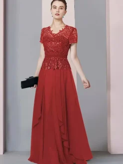 Bridal Mother Dress V-Neck Short Sleeves A-Line Lace Floor-Length Wedding Guest Dresses Free Customization