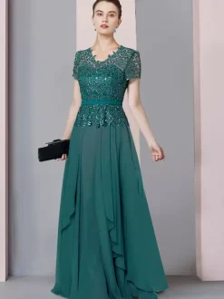Bridal Mother Dress V-Neck Short Sleeves A-Line Lace Floor-Length Wedding Guest Dresses Free Customization