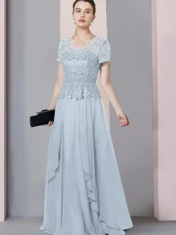 Bridal Mother Dress V-Neck Short Sleeves A-Line Lace Floor-Length Wedding Guest Dresses Free Customization