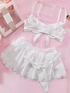 Bridal 3-Piece Lingerie Lace White Bra Panty Sets