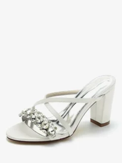 Bridal Sandals Deep Blue Satin Chic Open Toe Rhinestones Wedding Sandals