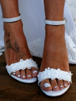 Bridal Sandals White PU Leather Chic Open Toe Embroidered Wedding Sandals