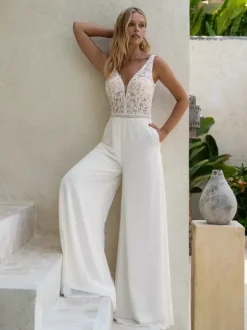 Bridal Jumpsuit Chiffon Cut Out Floor-Length Jumpsuit V-Neck Sleeveless Natural Waist White