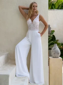 Bridal Jumpsuit Chiffon Cut Out Floor-Length Jumpsuit V-Neck Sleeveless Natural Waist White