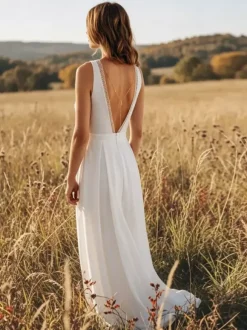 Bridal Jumpsuit Chiffon Floor-Length Jumpsuit V-Neck Sleeveless Natural Waist Ivory